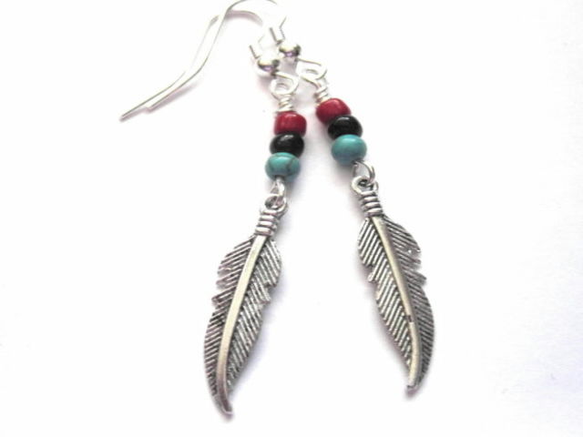 Feather Turquoise Magnesite Dangle Earrings Vamps Jewelry Gothic Feather Turquoise Magnesite Dangle Earrings Vamps Jewelry Gothic Victorian