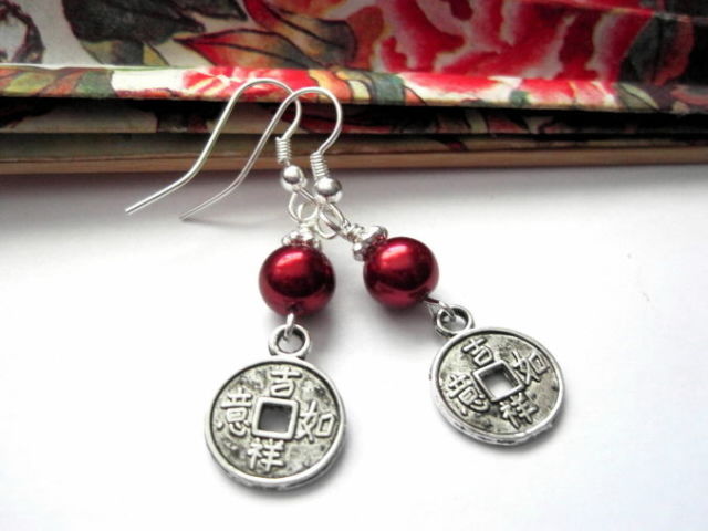 Chinese Good Luck Coin Red Pearl Earrings Vamps Jewelry Gothic Chinese Good Luck Coin Red Pearl Earrings Vamps Jewelry Gothic Victorian