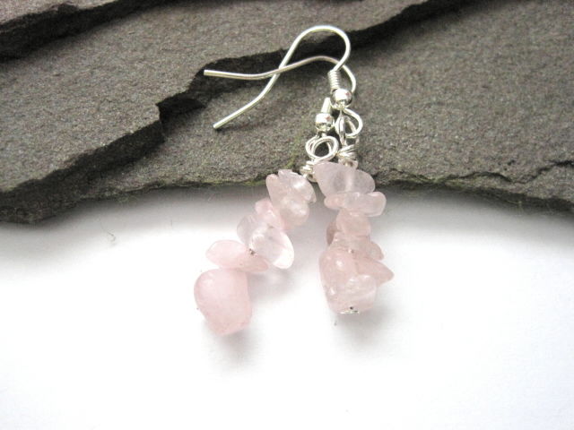 Rose Quartz Gemstone Nugget Chip Dangle Earrings