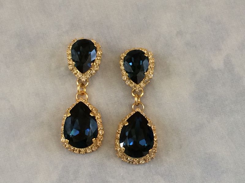 Navy Blue Swarovski Crystal Embellished Double Teardrop Bridal Navy Blue Swarovski Crystal Embellished Double Teardrop Bridal Earrings Product Images