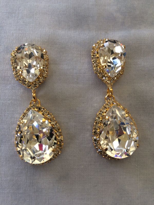 Swarovski Crystal Embellished Gold Double Teardrop Bridal Earrings Swarovski Crystal Embellished Gold Double Teardrop Bridal Earrings