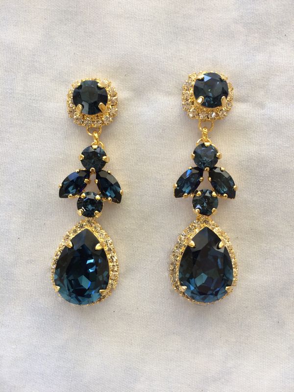Navy Blue Swarovski Crystal Embellished Teardrop Dangle Earrings Navy Blue Swarovski Crystal Embellished Teardrop Dangle Earrings