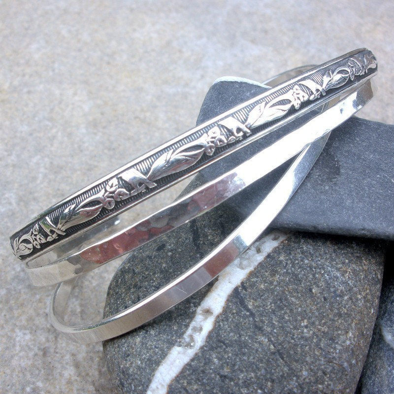 Sterling Silver Cuff Bracelet Trio Smooth Hammered Patterned Sterling Silver Cuff Bracelet Trio Smooth Hammered Patterned Bracelets Product Images