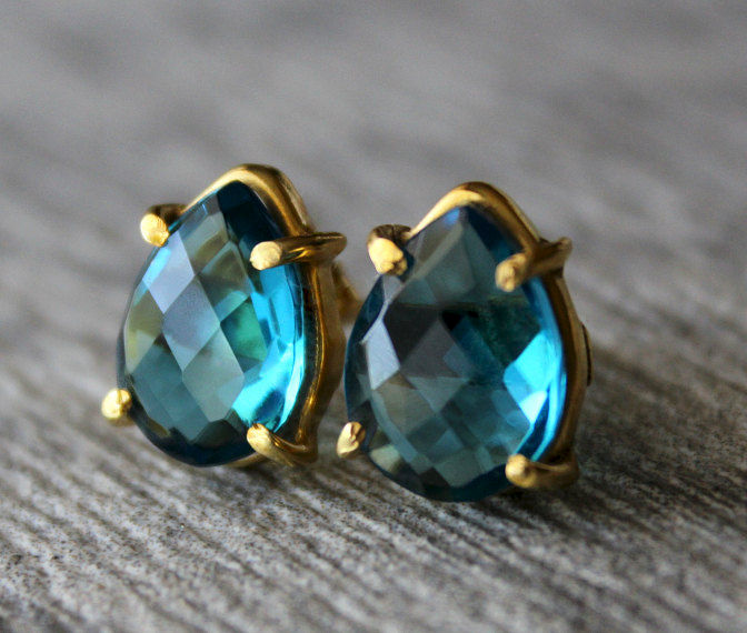 Large London Blue Quartz Studs Light Post Earrings Swiss Large London Blue Quartz Studs Light Post Earrings Swiss Gold Vermeil Pear December Birthstone Bygerene