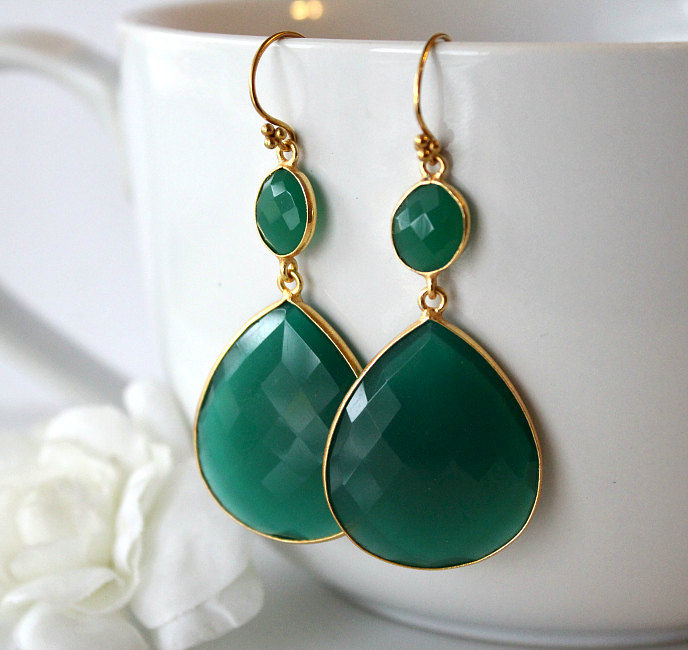 Xlarge Green Onyx Double Drop Earrings Dual Dangle Xlarge Green Onyx Double Drop Earrings Dual Dangle Gold Vermeil