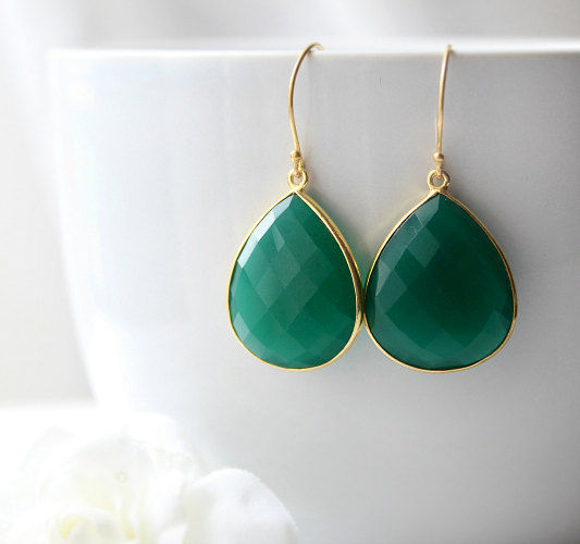 Medium Green Onyx Dangle Earrings Emerald Bezel Gemstone Gold Vermeil Drop Fashion Trend Large Teardrop