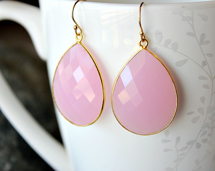 Large Cashmere Rose Drop Earrings Pink Quartz Dangle Large Cashmere Rose Drop Earrings Pink Quartz Dangle Linen Gemstone Milky Bezel Gold Vermeil Bygerene