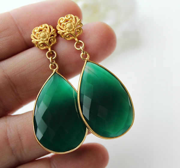 Fancy Green Onyx Teardrop Earrings Large Emerald Gold Fancy Green Onyx Teardrop Earrings Large Emerald Gold Vermeil