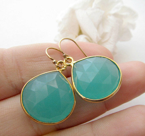 Light Aqua Chalcedony Drop Earrings Blue Bezel Dangle Pale Gemstone Gold Vermeil Ocean