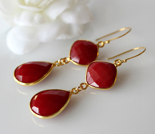 Red Onyx Double Drop Earrings Stone Bezel Gemstone Red Onyx Double Drop Earrings Stone Bezel Gemstone Crimson Dangle Jewelry Bygerene