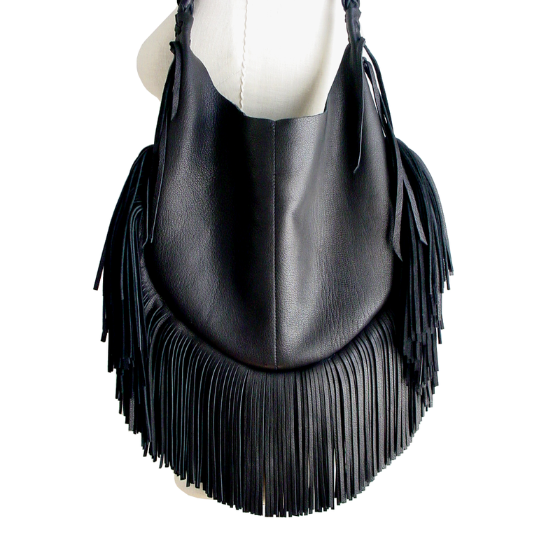 Frangia Leather Hobo Bag Black Goatskin