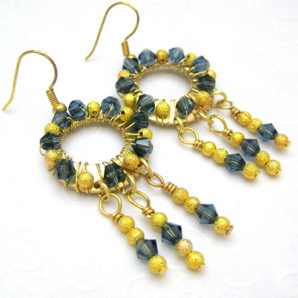 Handmade Wire Wred Dangle Hoop Earrings Gold And Blue Handmade Wire Wred Dangle Hoop Earrings Gold And Blue