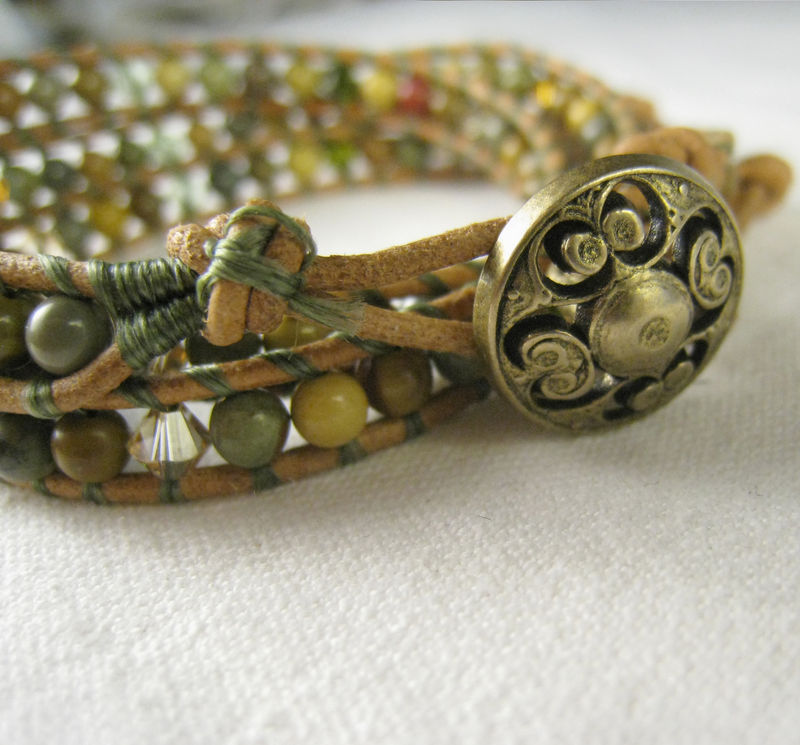 Leather Wrap Bracelet Swarovski Crystals Wild Horse Jasper Triple On Closure Leather Wrap Bracelet Swarovski Crystals Wild Horse Jasper Triple On Closure