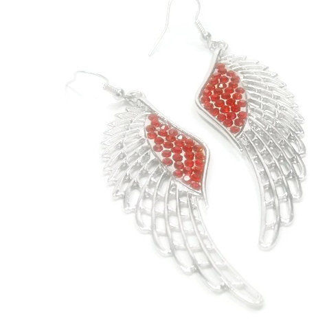 Angel Wing Earrings Red Rhinestone Wings Long Filigree With Rhinestones Rhodium Fairy Valentine Angel Wing Earrings Red Rhinestone Wings Long Filigree With Rhinestones Rhodium Fairy Valentine