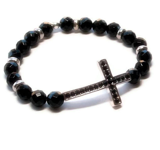 Cross Bracelet Sideways Black Crystal Stretch With Cross Bracelet Sideways Black Crystal Stretch With Faceted Onyx Handmade Bangle