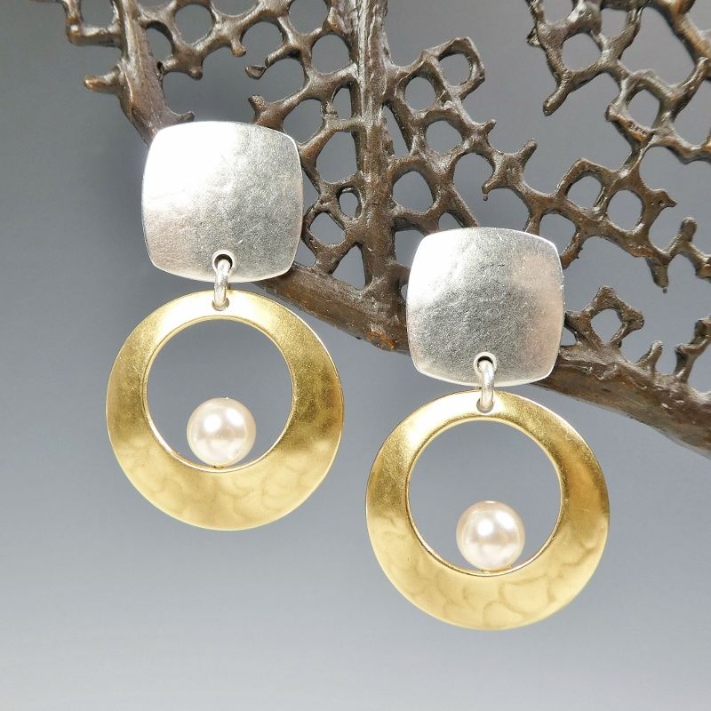 Marjorie Baer Square With Cutout Disc Floating Cream Pearl Marjorie Baer Square With Cutout Disc Floating Cream Pearl Earrings Product Image